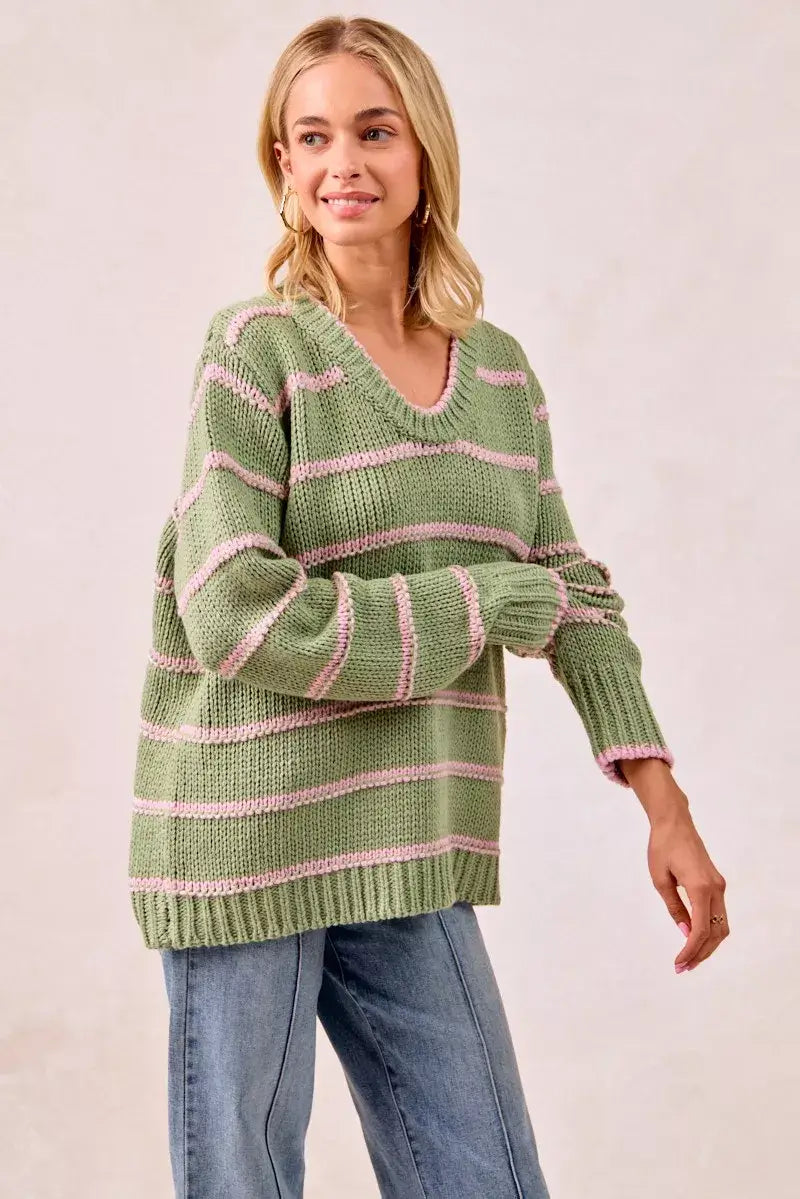 Sage Green Striped Long Sleeve Sweater - Cozy & Stylish, Sweaters, $ 56.00, A Moment Of Now™