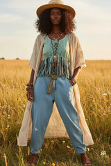 Sage Lace-Up Fringe Hem Tank with Lace Detail Boho Fashion Clothing, Tank Tops, $ 47.00, A Moment Of Now™
