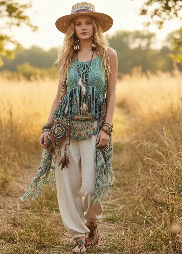 Sage Lace-Up Fringe Hem Tank with Lace Detail Boho Fashion Clothing, Tank Tops, $ 47.00, A Moment Of Now™