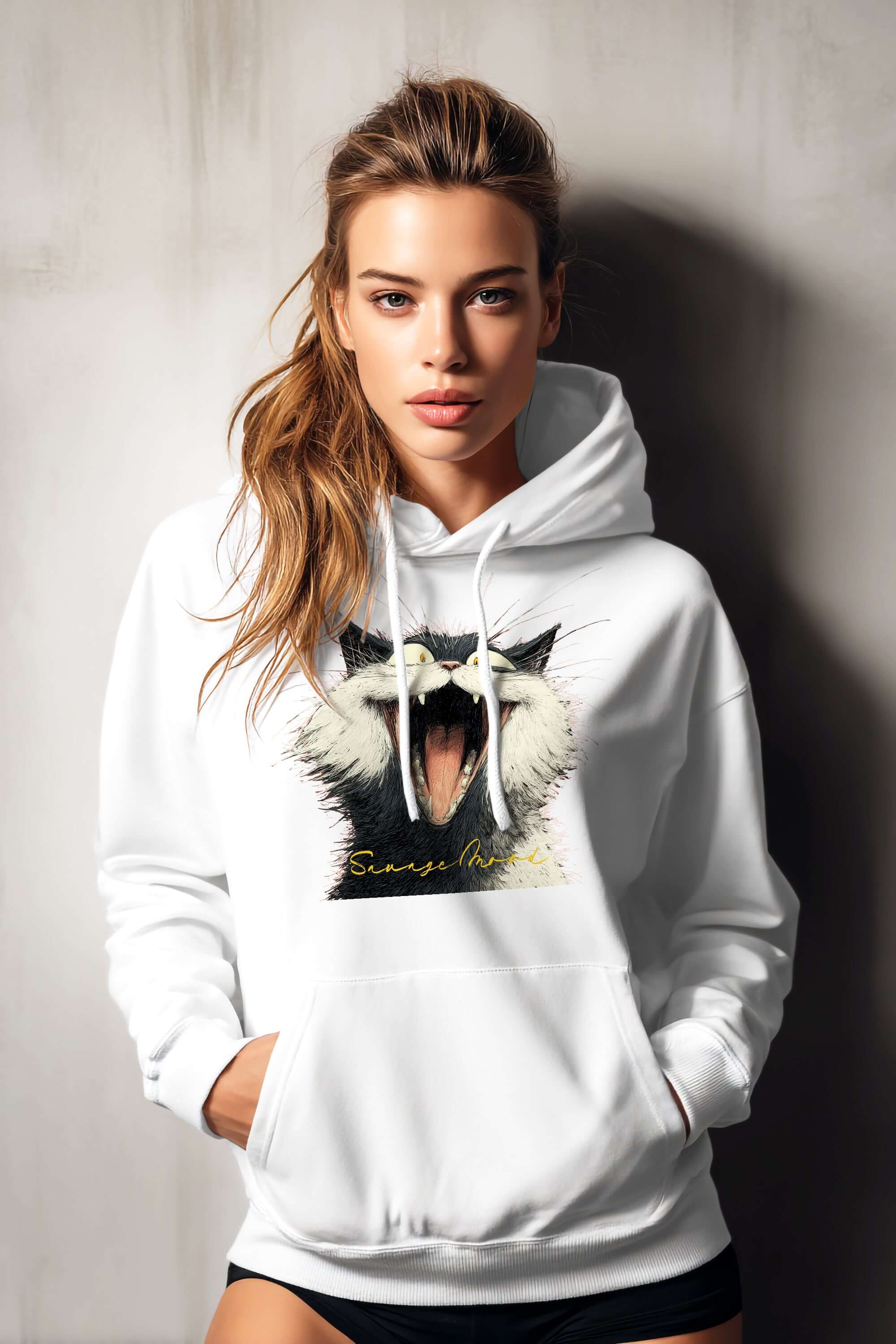 Savage Cat Vibes Hoodie - Bold Graphic Streetwear, Hoodies, $ 48.00, A Moment Of Now™