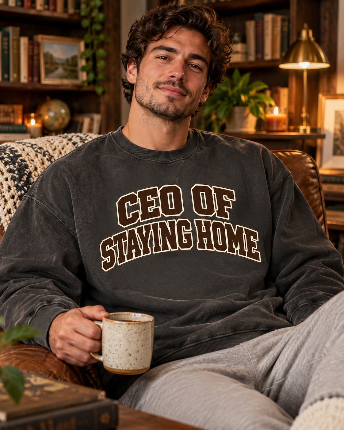 Homebody CEO of Staying Home sweatshirt styled in a relaxed living room