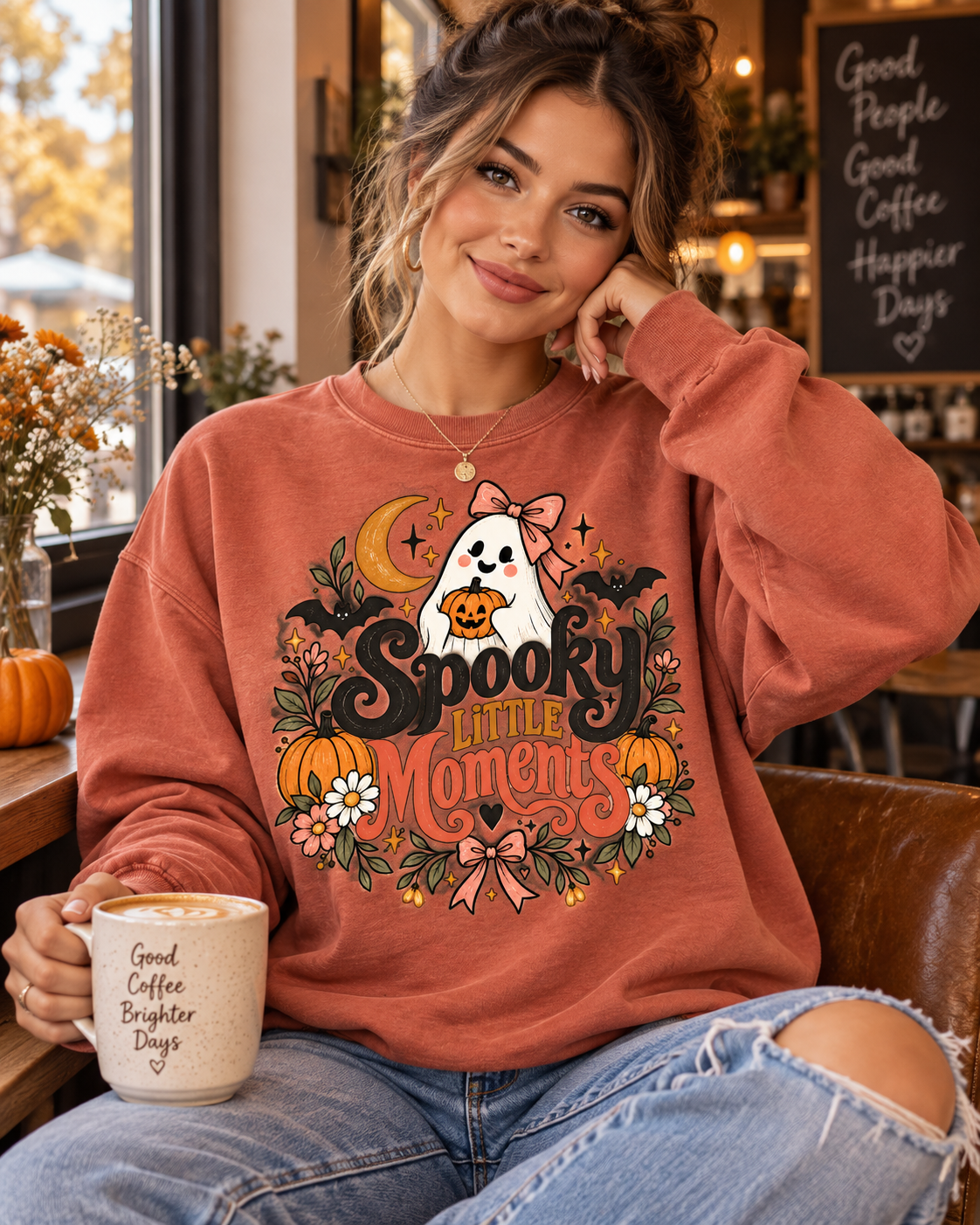 Spooky Little Moments Halloween sweatshirt styled for cozy fall wear