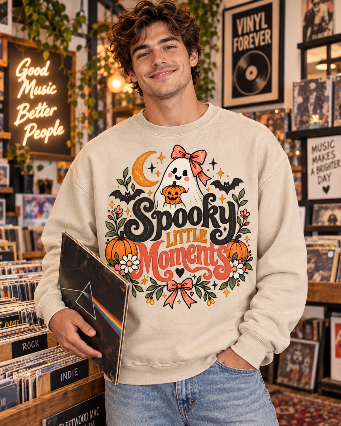 Spooky Little Moments fall sweatshirt with ghost pumpkin and bow design