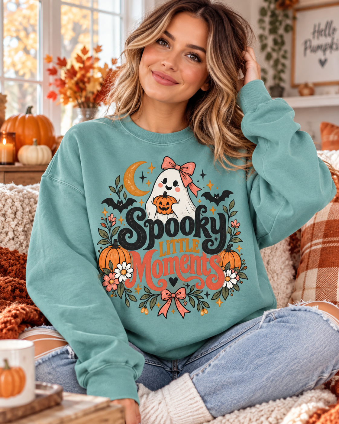 Cute ghost and pumpkin Halloween sweatshirt with retro floral graphic