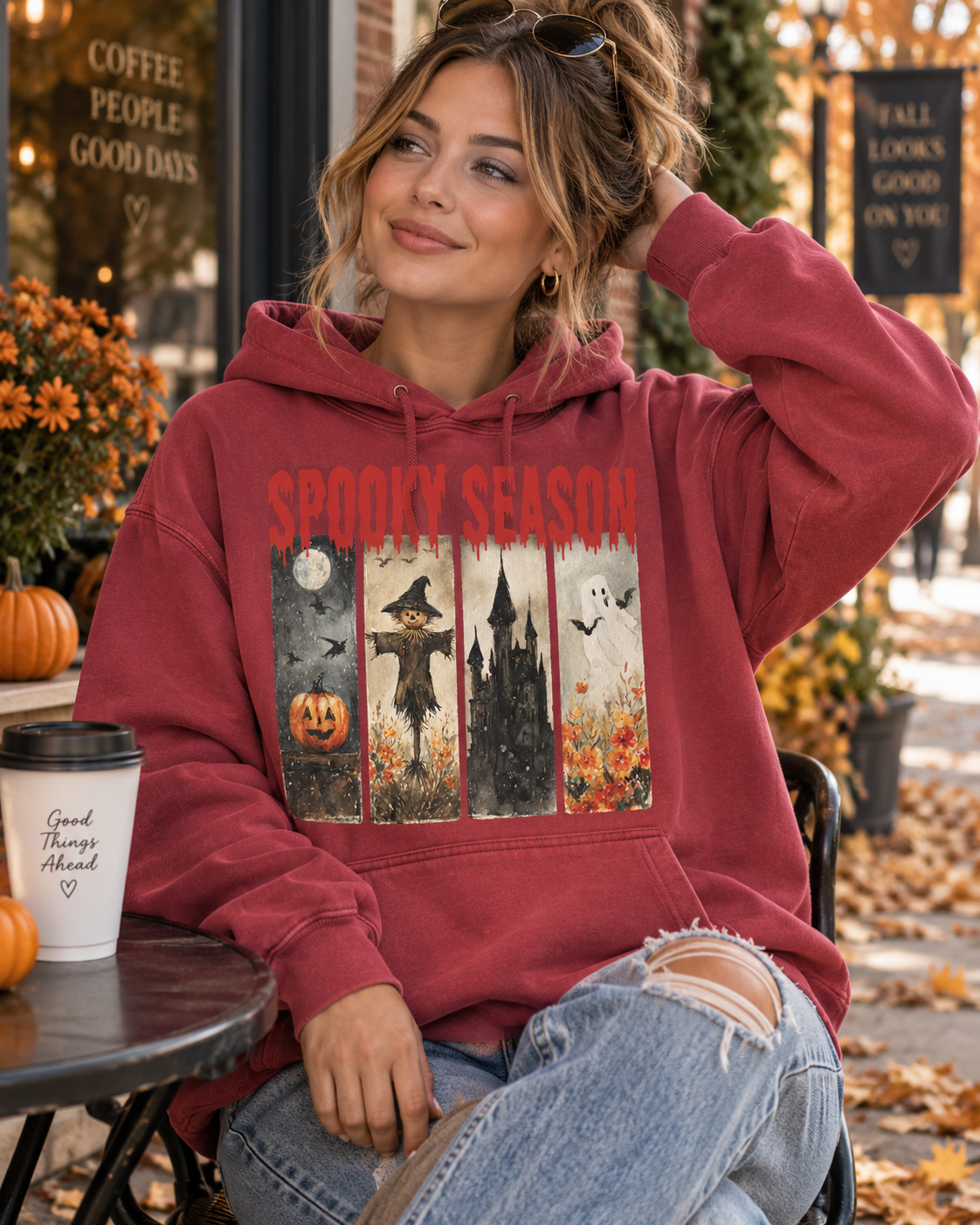 Spooky Season Halloween Hoodie — Vintage Pumpkin, Witch & Ghost Graphic