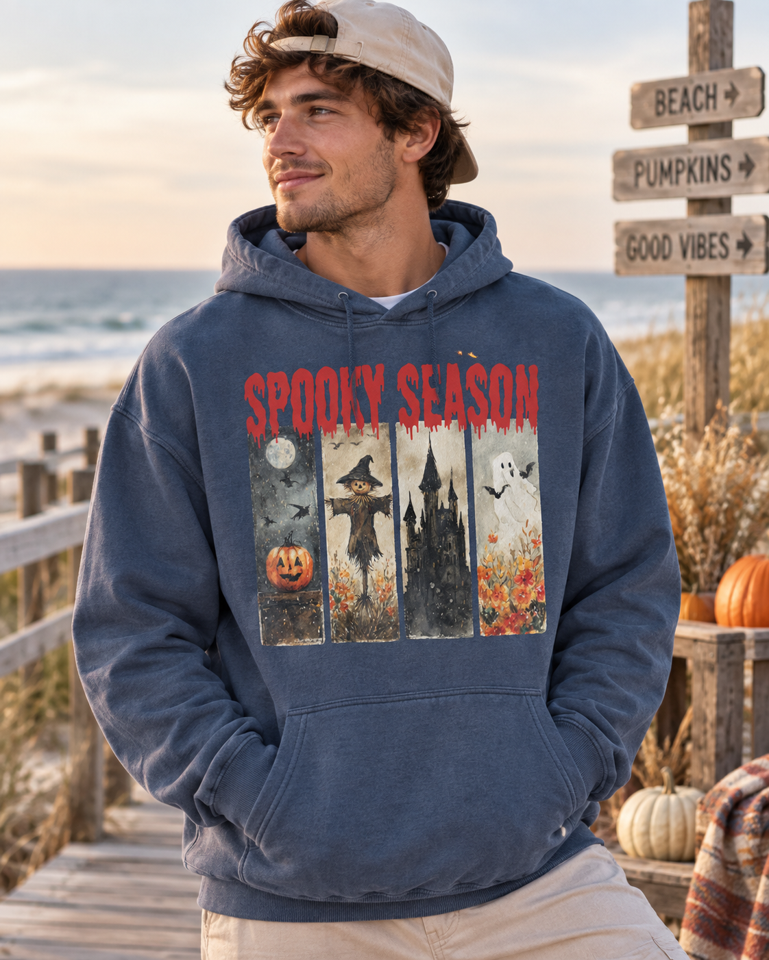 Spooky Season Halloween Hoodie — Vintage Pumpkin, Witch & Ghost Graphic