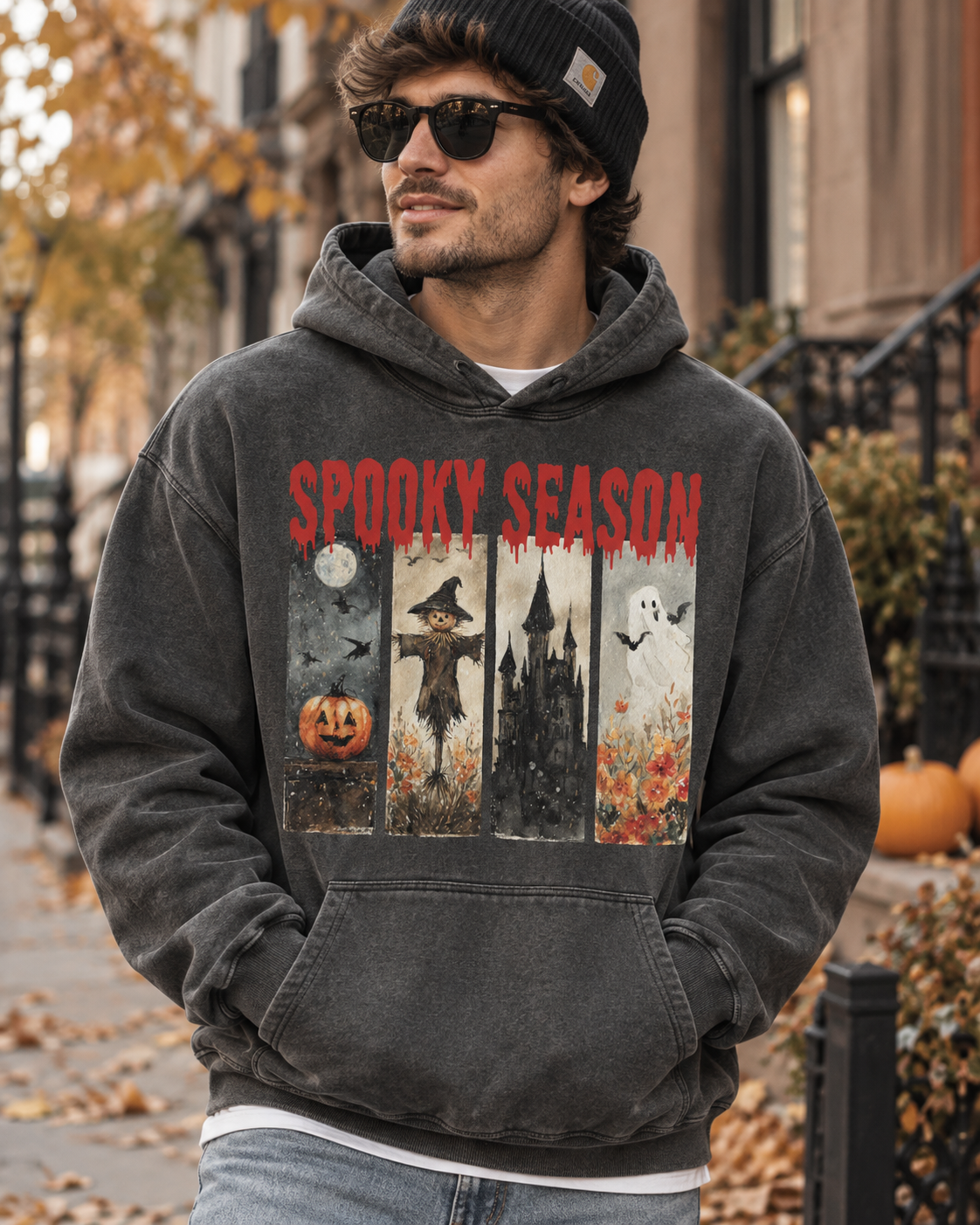 Spooky Season Halloween Hoodie — Vintage Pumpkin, Witch & Ghost Graphic