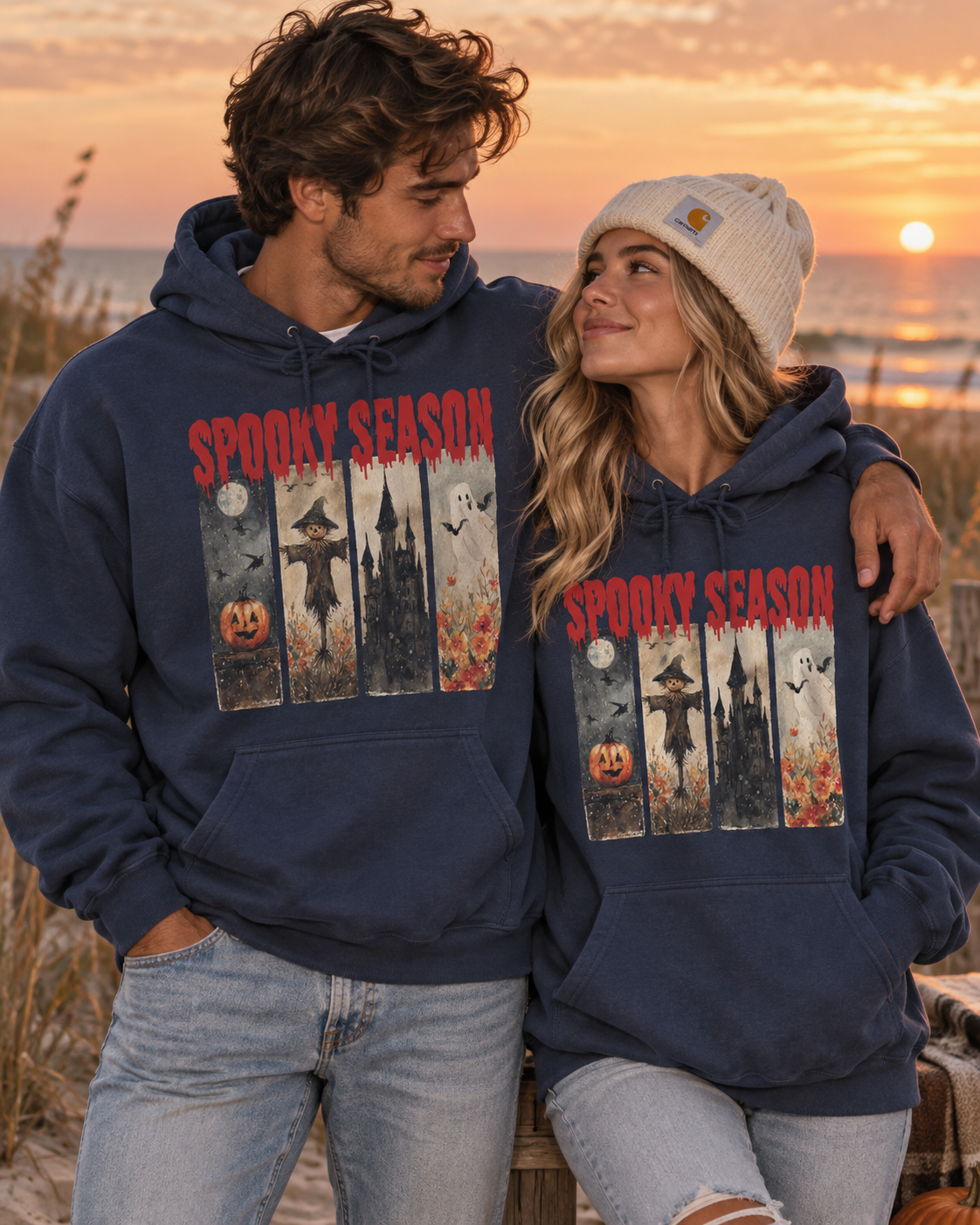 Spooky Season Halloween Hoodie — Vintage Pumpkin, Witch & Ghost Graphic