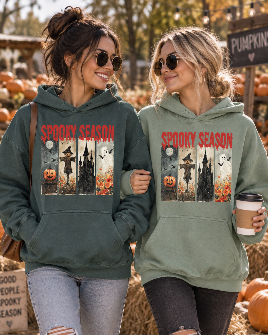 Spooky Season Halloween Hoodie — Vintage Pumpkin, Witch & Ghost Graphic