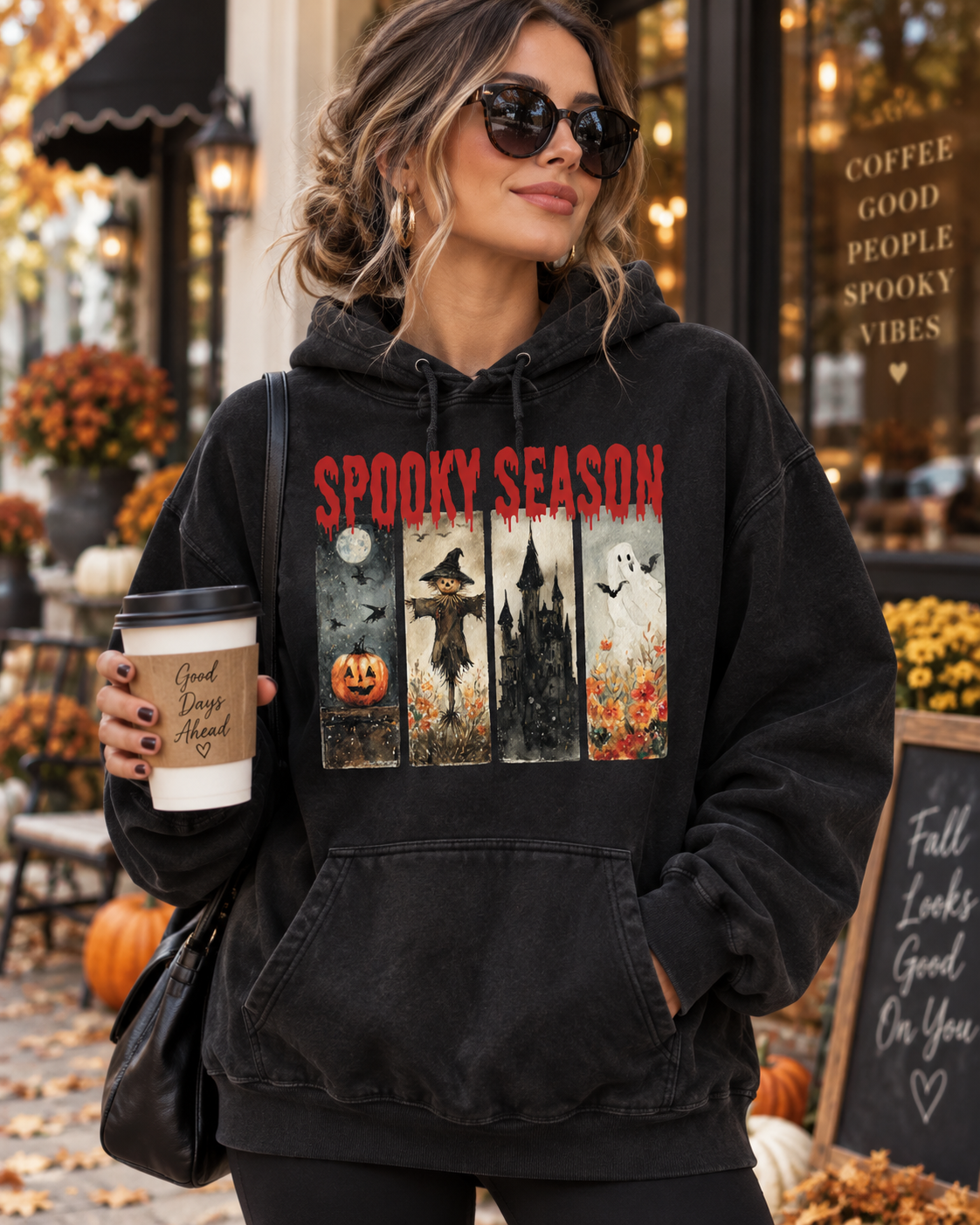 Spooky Season Halloween Hoodie — Vintage Pumpkin, Witch & Ghost Graphic