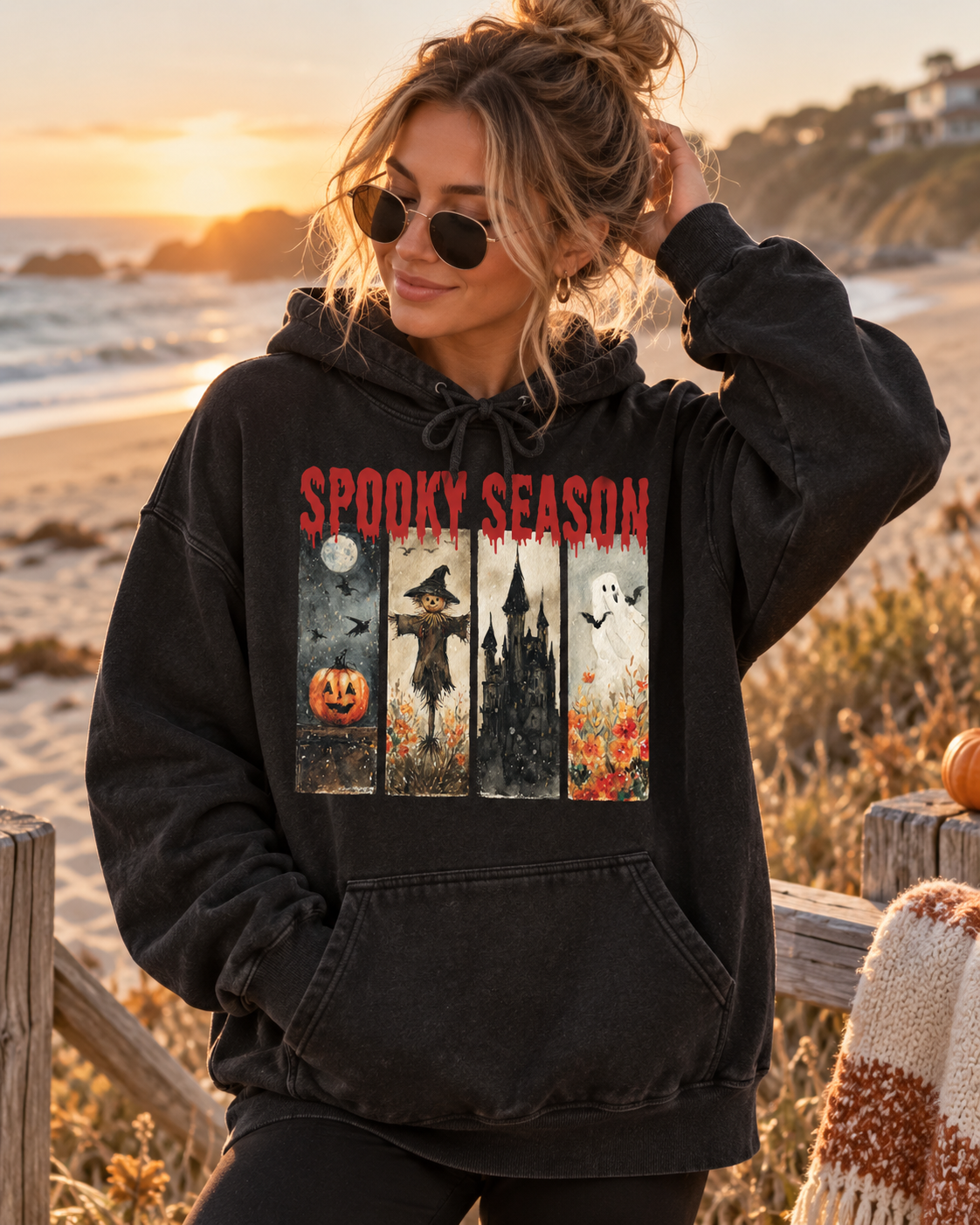 Spooky Season Halloween Hoodie — Vintage Pumpkin, Witch & Ghost Graphic