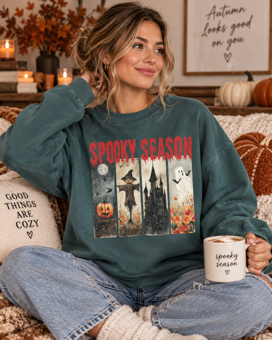 Spooky Season Halloween Sweatshirt — Vintage Pumpkin, Witch & Ghost Crewneck