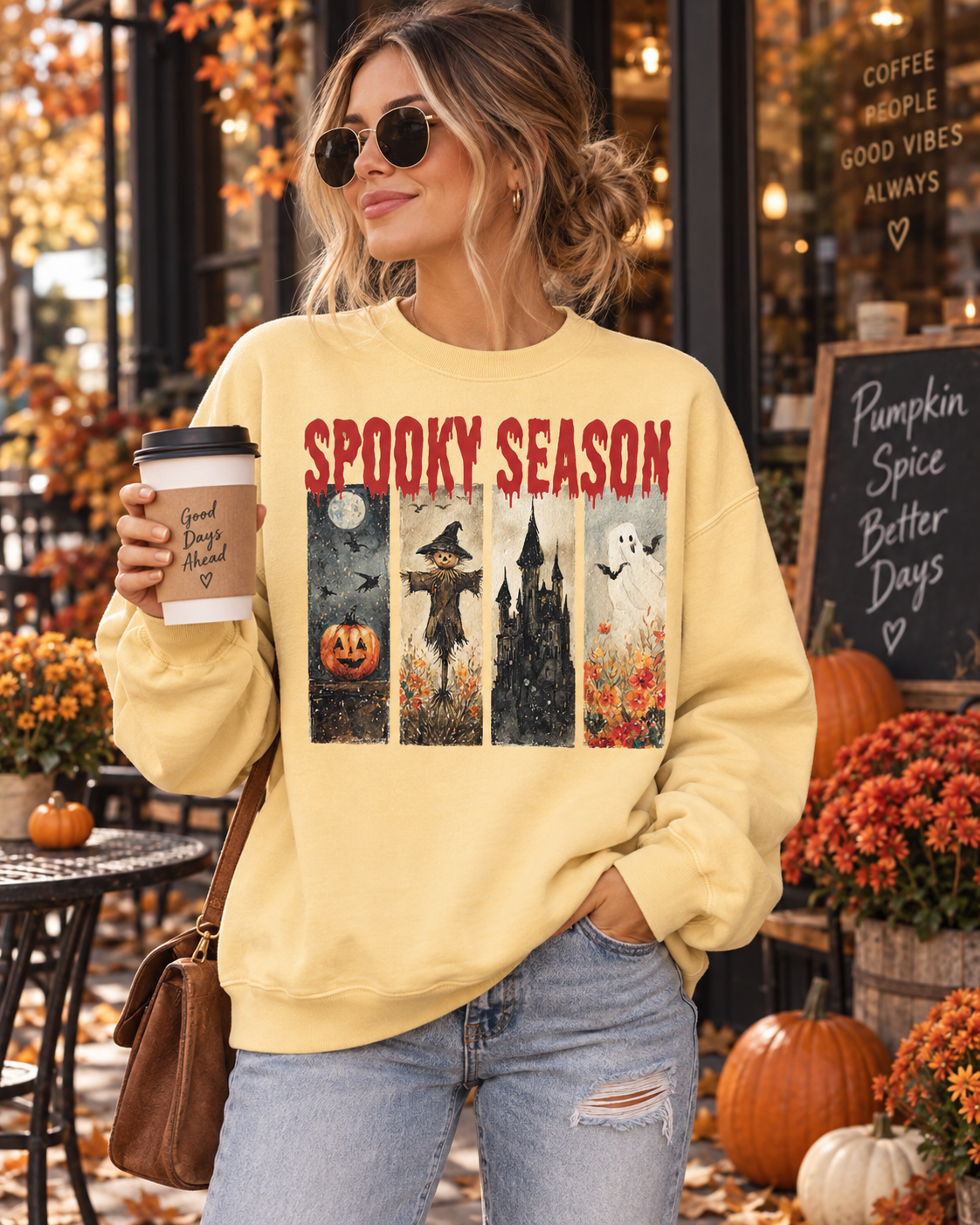 Spooky Season Halloween Sweatshirt — Vintage Pumpkin, Witch & Ghost Crewneck
