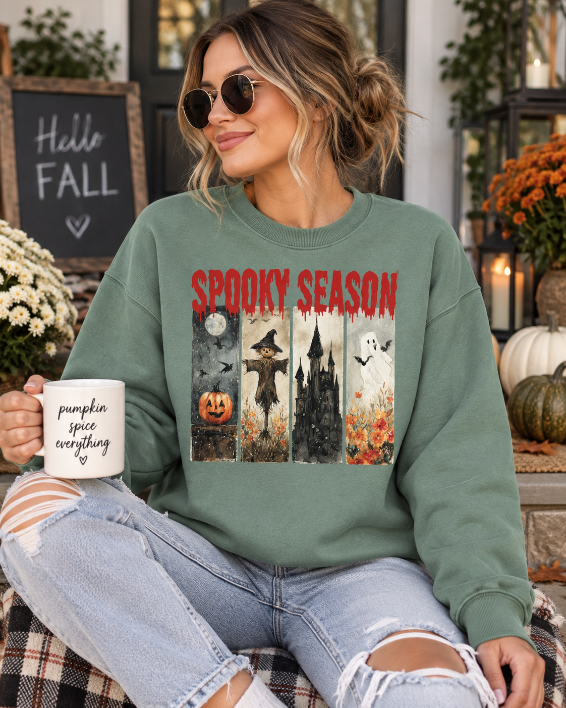 Spooky Season Halloween Sweatshirt — Vintage Pumpkin, Witch & Ghost Crewneck