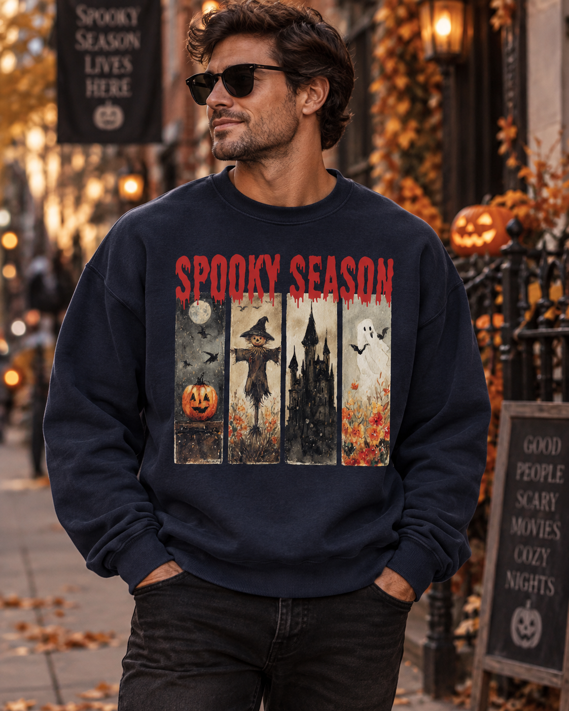 Spooky Season Halloween Sweatshirt — Vintage Pumpkin, Witch & Ghost Crewneck