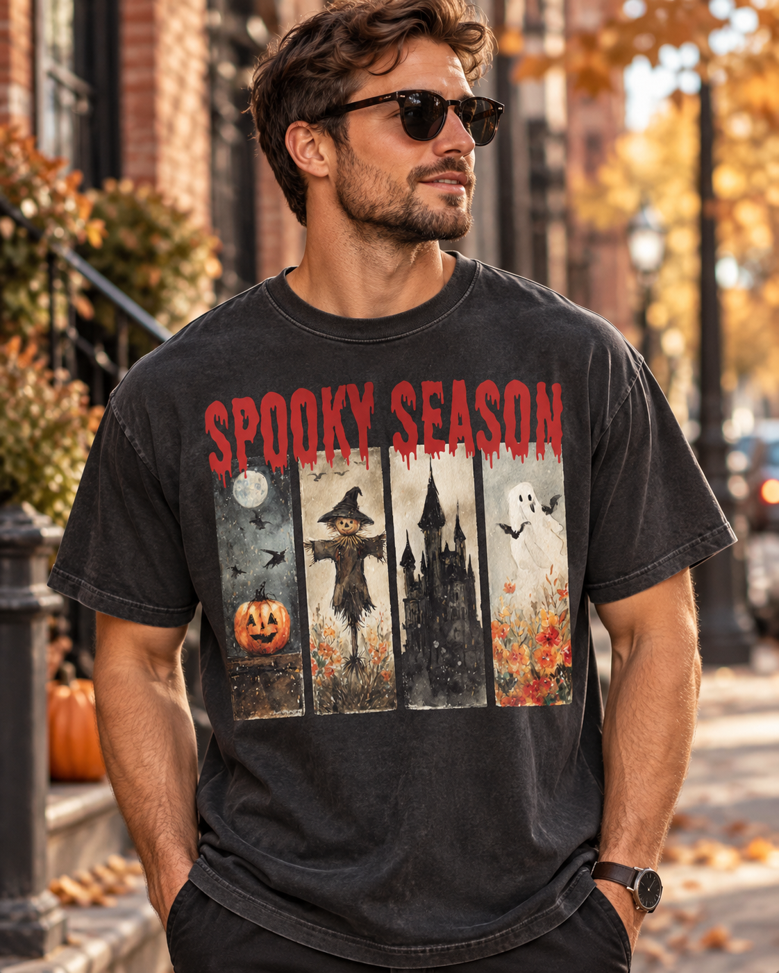 Spooky Season Halloween T-Shirt — Vintage Pumpkin, Scarecrow & Ghost Tee