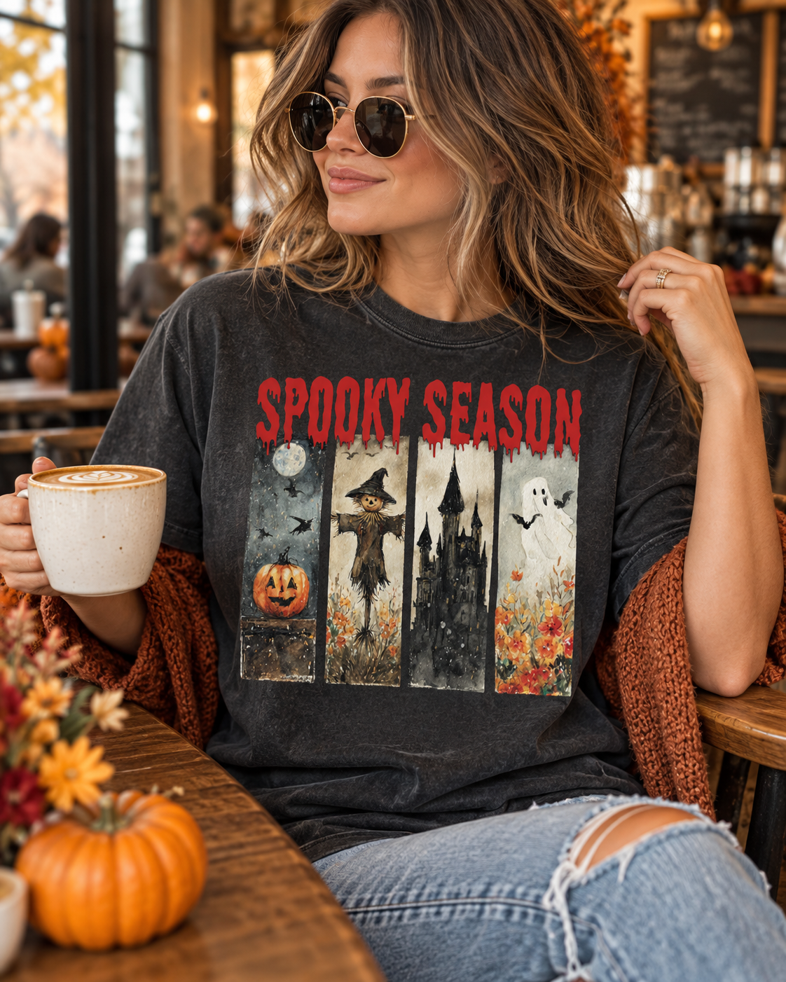Spooky Season Halloween T-Shirt — Vintage Pumpkin, Scarecrow & Ghost Tee