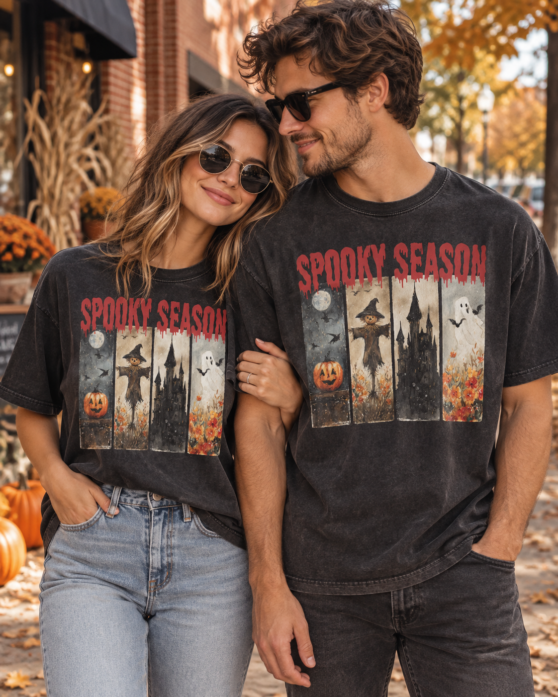 Spooky Season Halloween T-Shirt — Vintage Pumpkin, Scarecrow & Ghost Tee