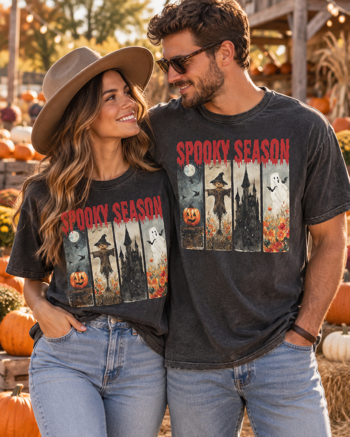 Spooky Season Halloween T-Shirt — Vintage Pumpkin, Scarecrow & Ghost Tee