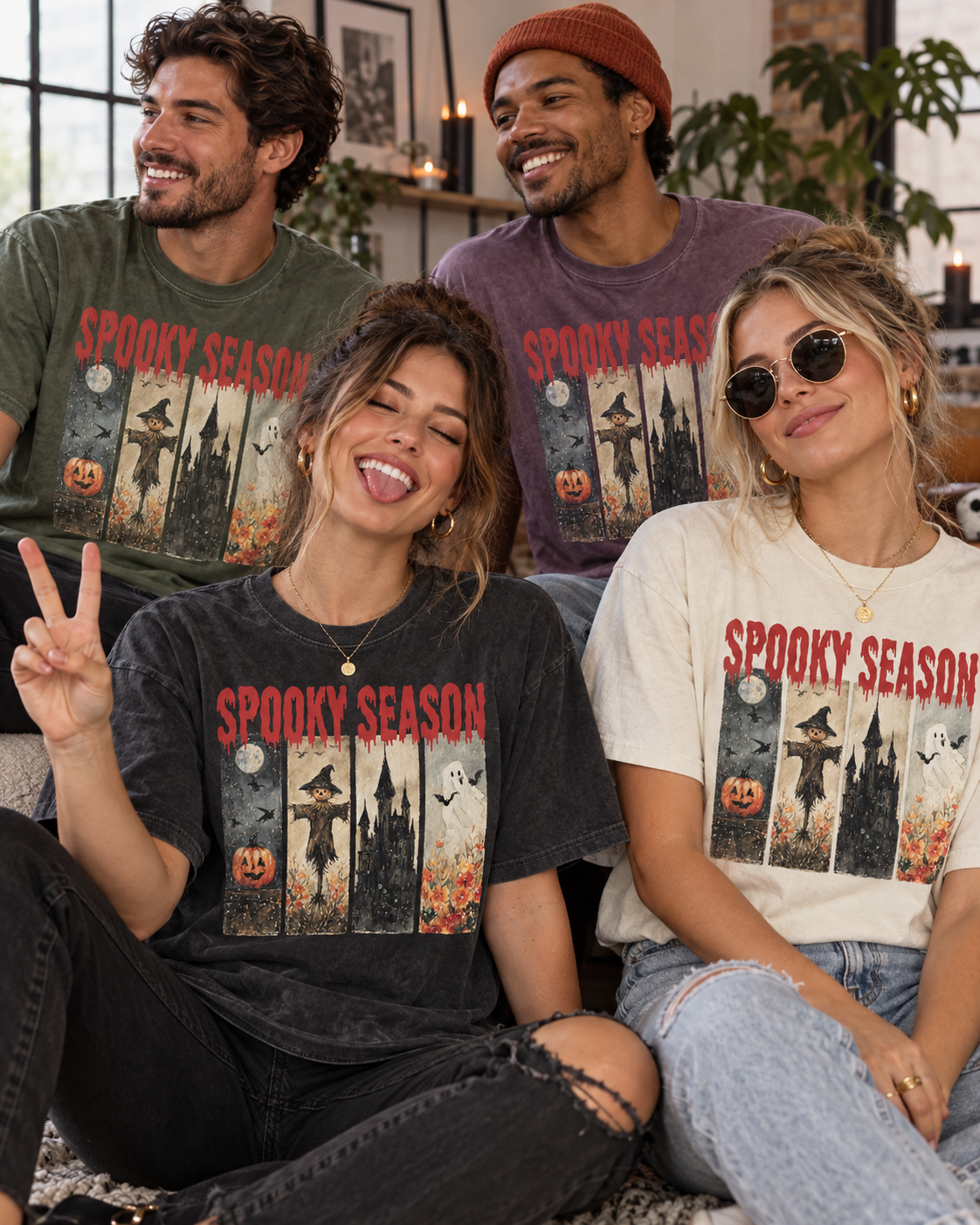 Spooky Season Halloween T-Shirt — Vintage Pumpkin, Scarecrow & Ghost Tee
