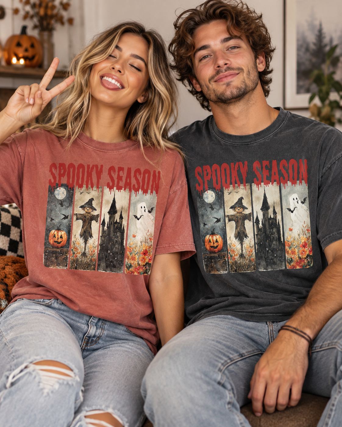 Spooky Season Halloween T-Shirt — Vintage Pumpkin, Scarecrow & Ghost Tee