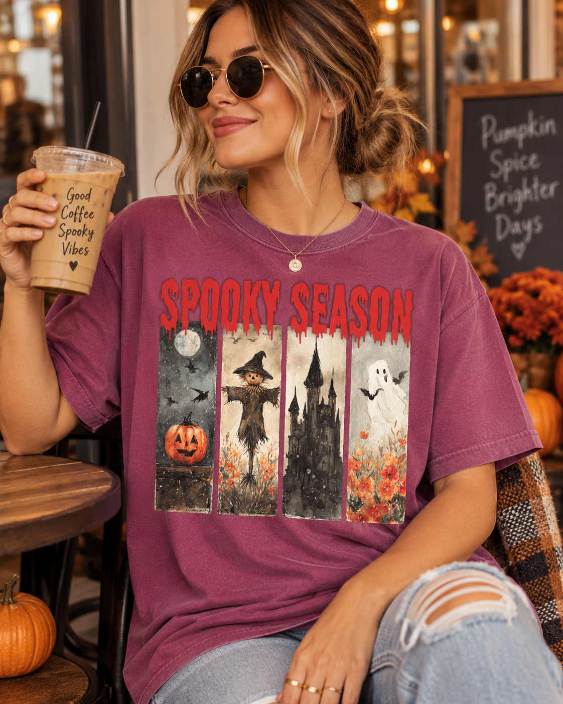 Spooky Season Halloween T-Shirt — Vintage Pumpkin, Scarecrow & Ghost Tee