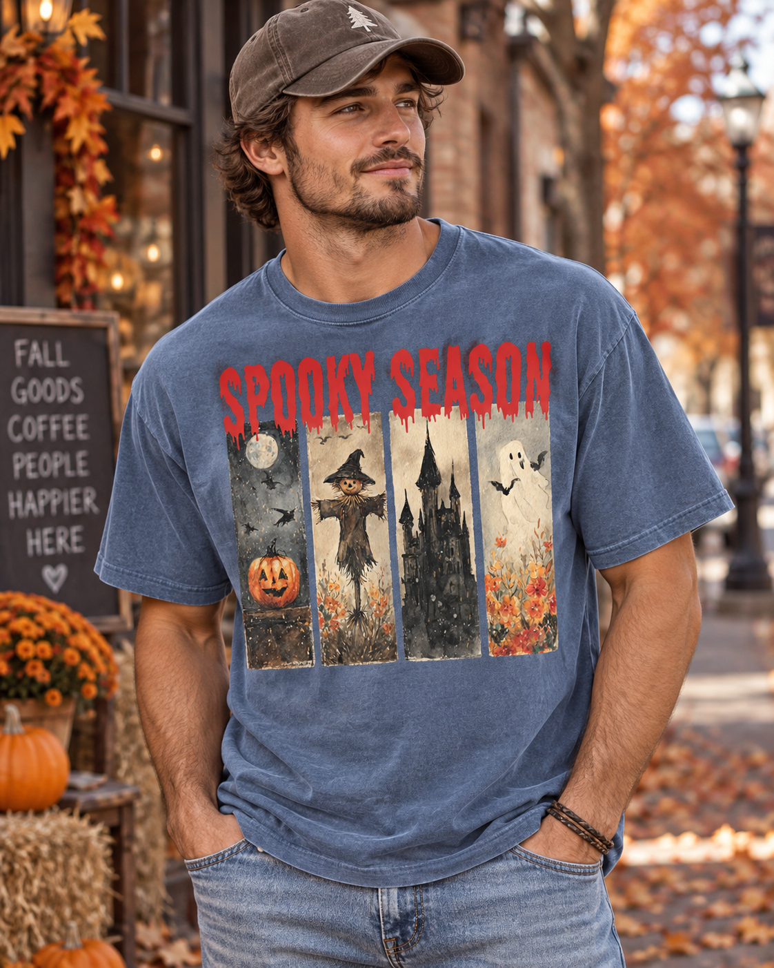 Spooky Season Halloween T-Shirt — Vintage Pumpkin, Scarecrow & Ghost Tee