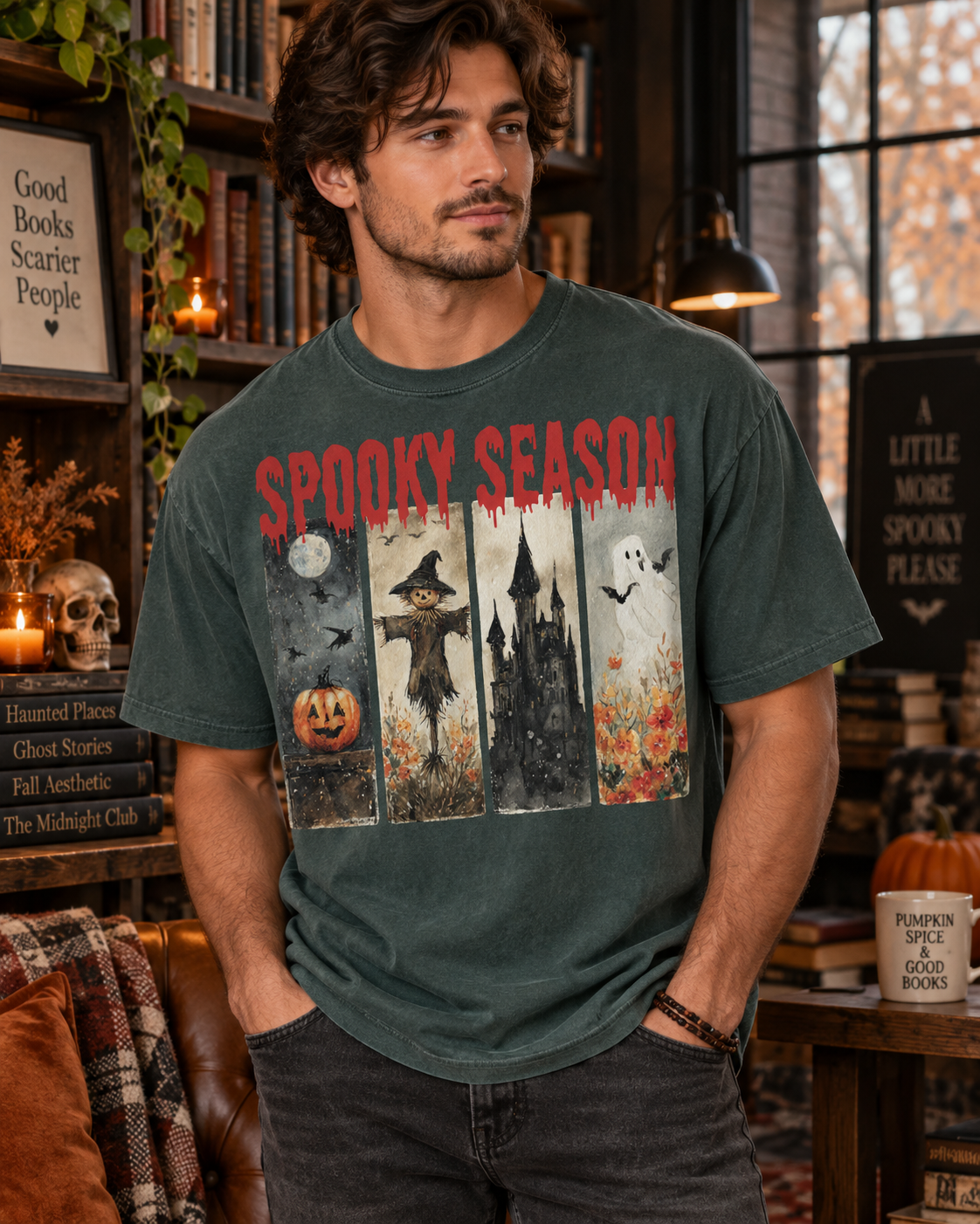 Spooky Season Halloween T-Shirt — Vintage Pumpkin, Scarecrow & Ghost Tee