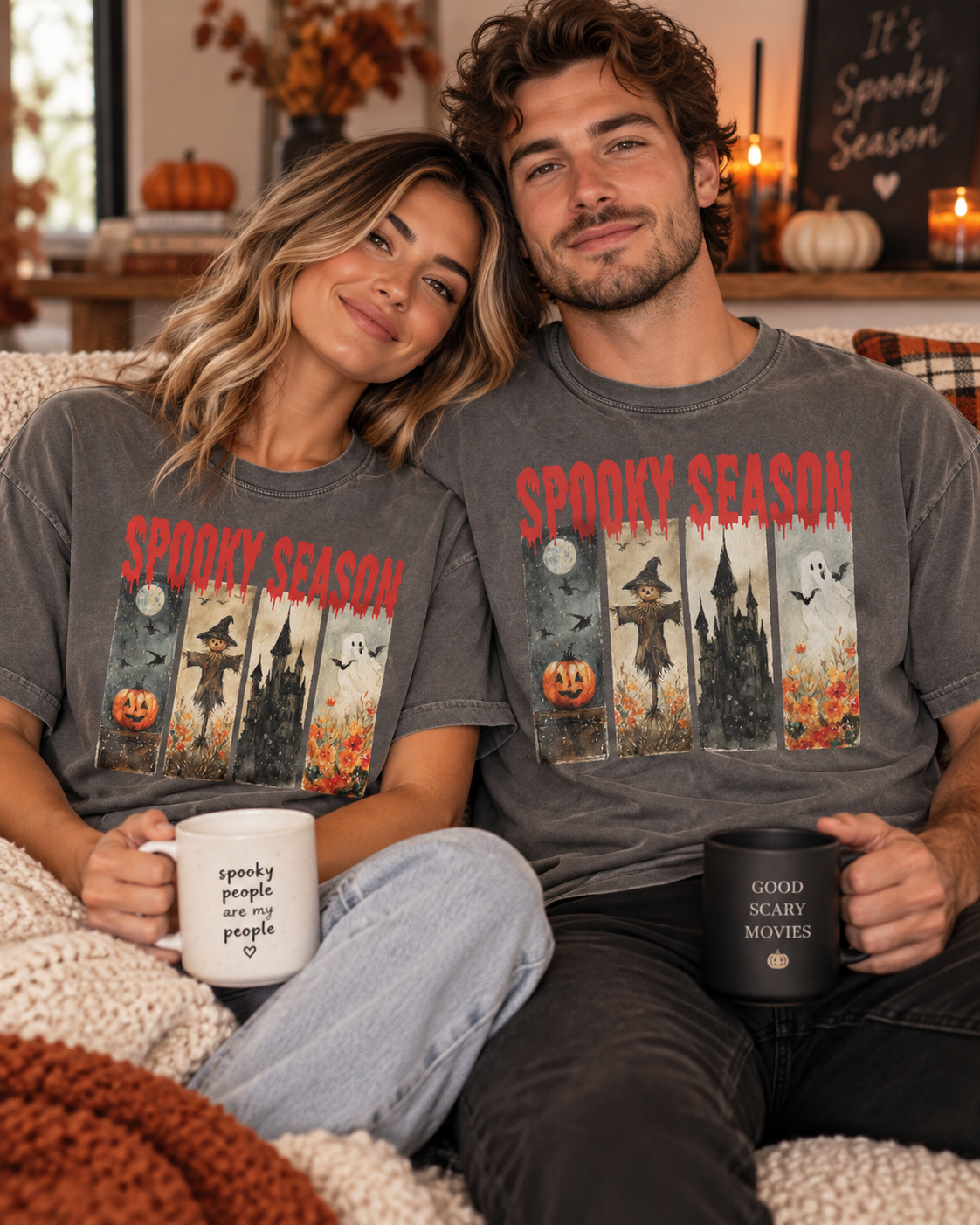 Spooky Season Halloween T-Shirt — Vintage Pumpkin, Scarecrow & Ghost Tee