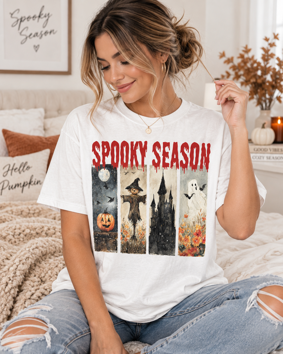 Spooky Season Halloween T-Shirt — Vintage Pumpkin, Scarecrow & Ghost Tee