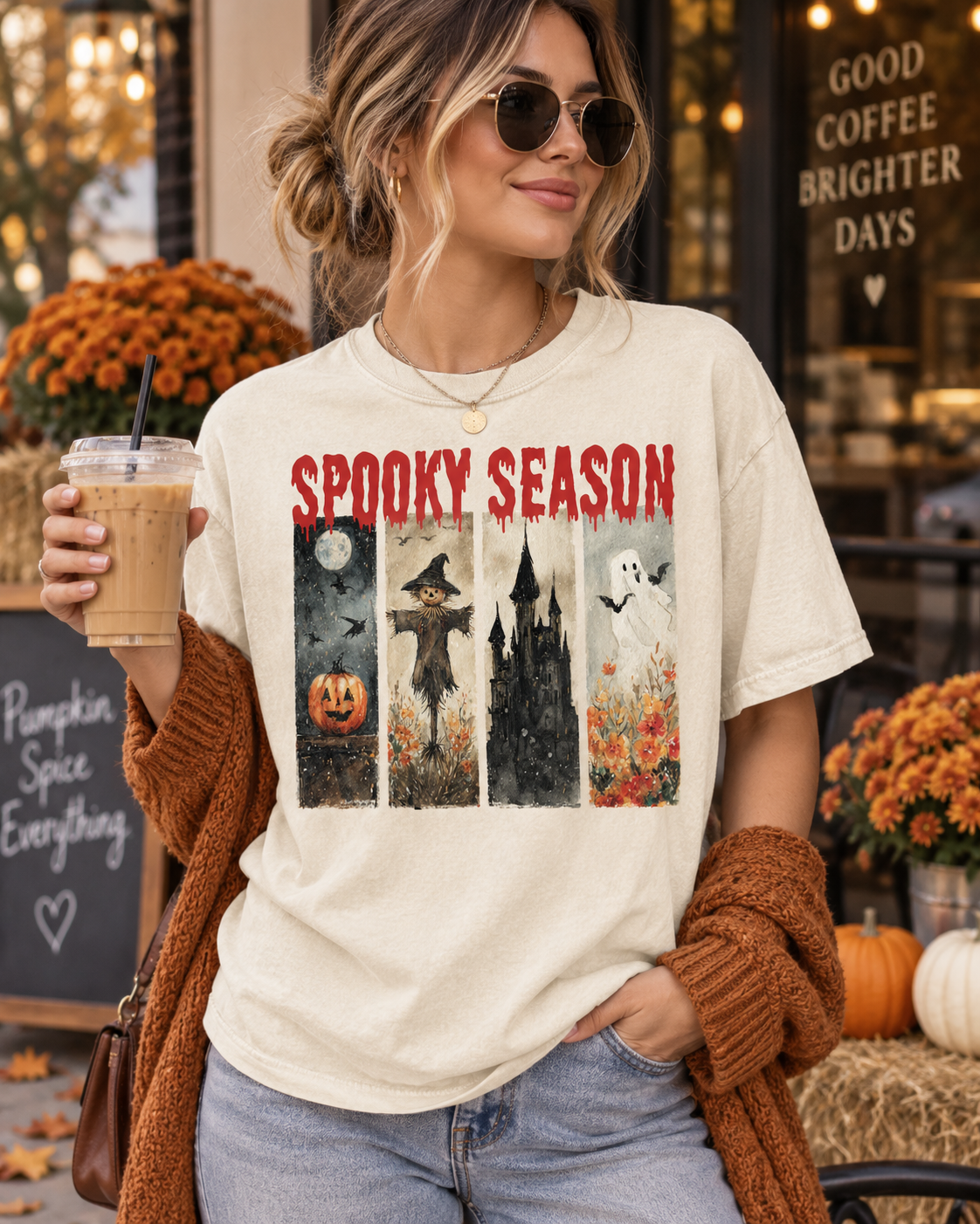 Spooky Season Halloween T-Shirt — Vintage Pumpkin, Scarecrow & Ghost Tee