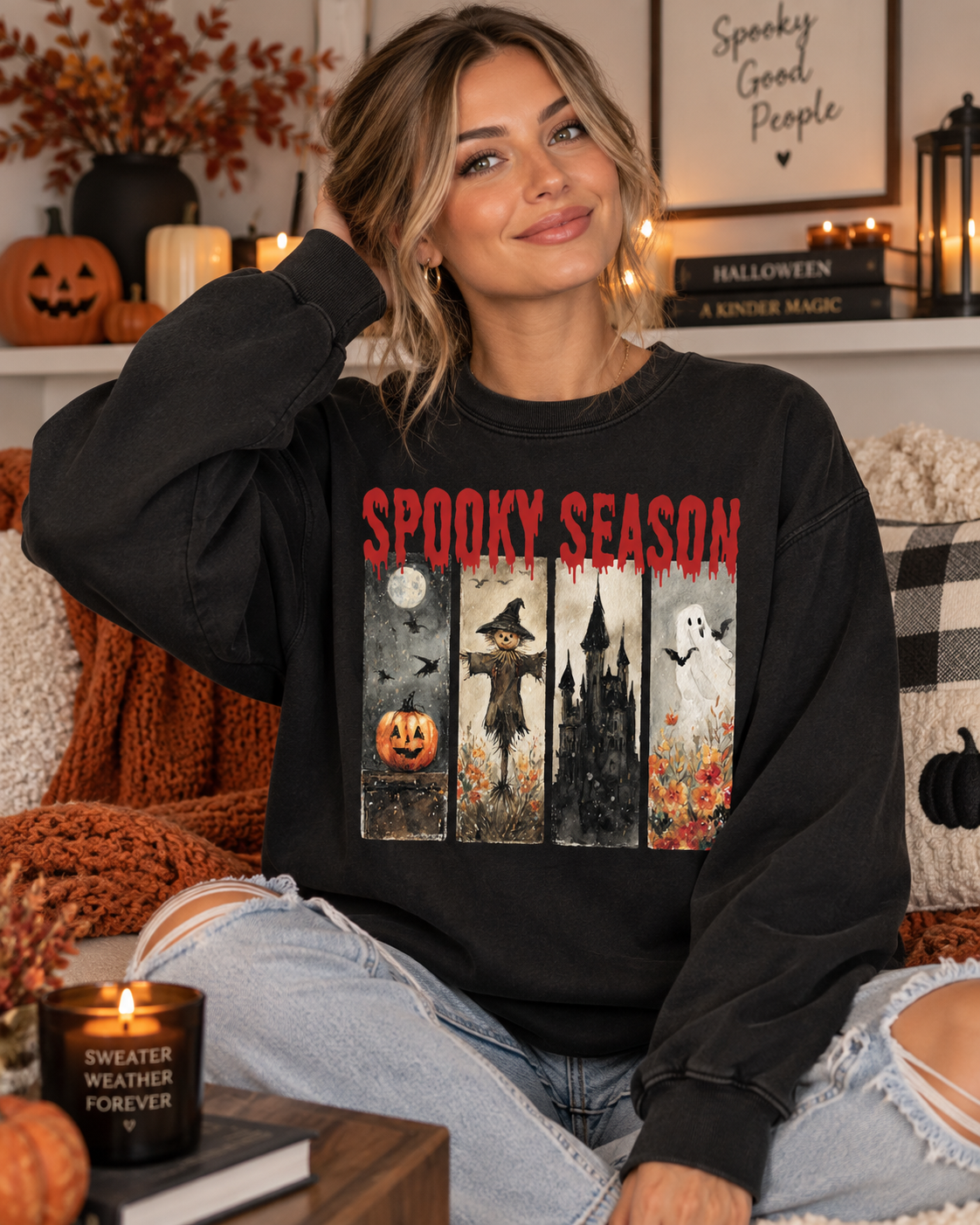 Spooky Season Halloween Sweatshirt — Vintage Pumpkin, Witch & Ghost Crewneck