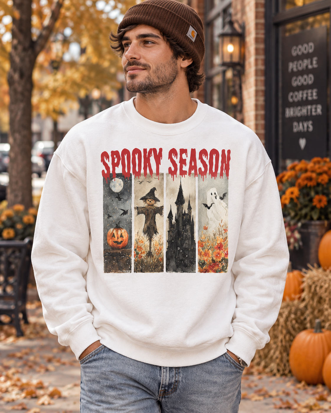 Spooky Season Halloween Sweatshirt — Vintage Pumpkin, Witch & Ghost Crewneck