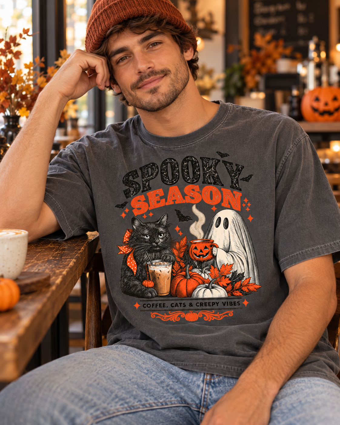 Spooky Season Black Cat & Ghost T-Shirt | Halloween Coffee & Cats Tee