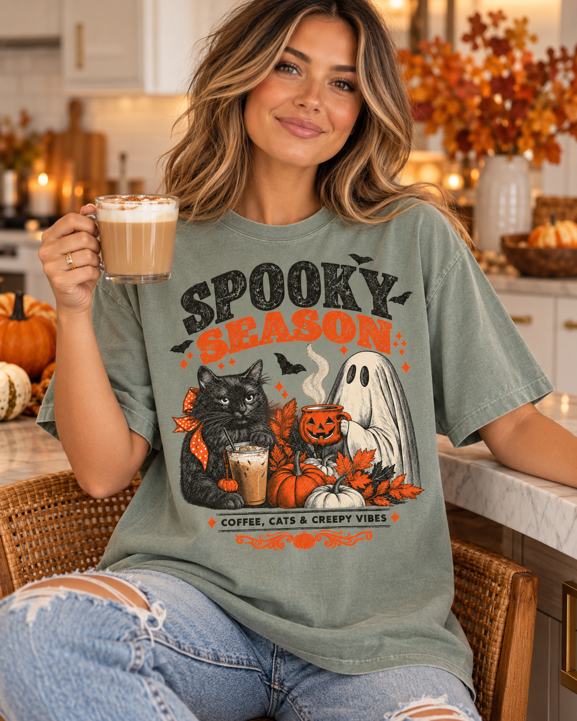 Spooky Season Black Cat & Ghost T-Shirt | Halloween Coffee & Cats Tee