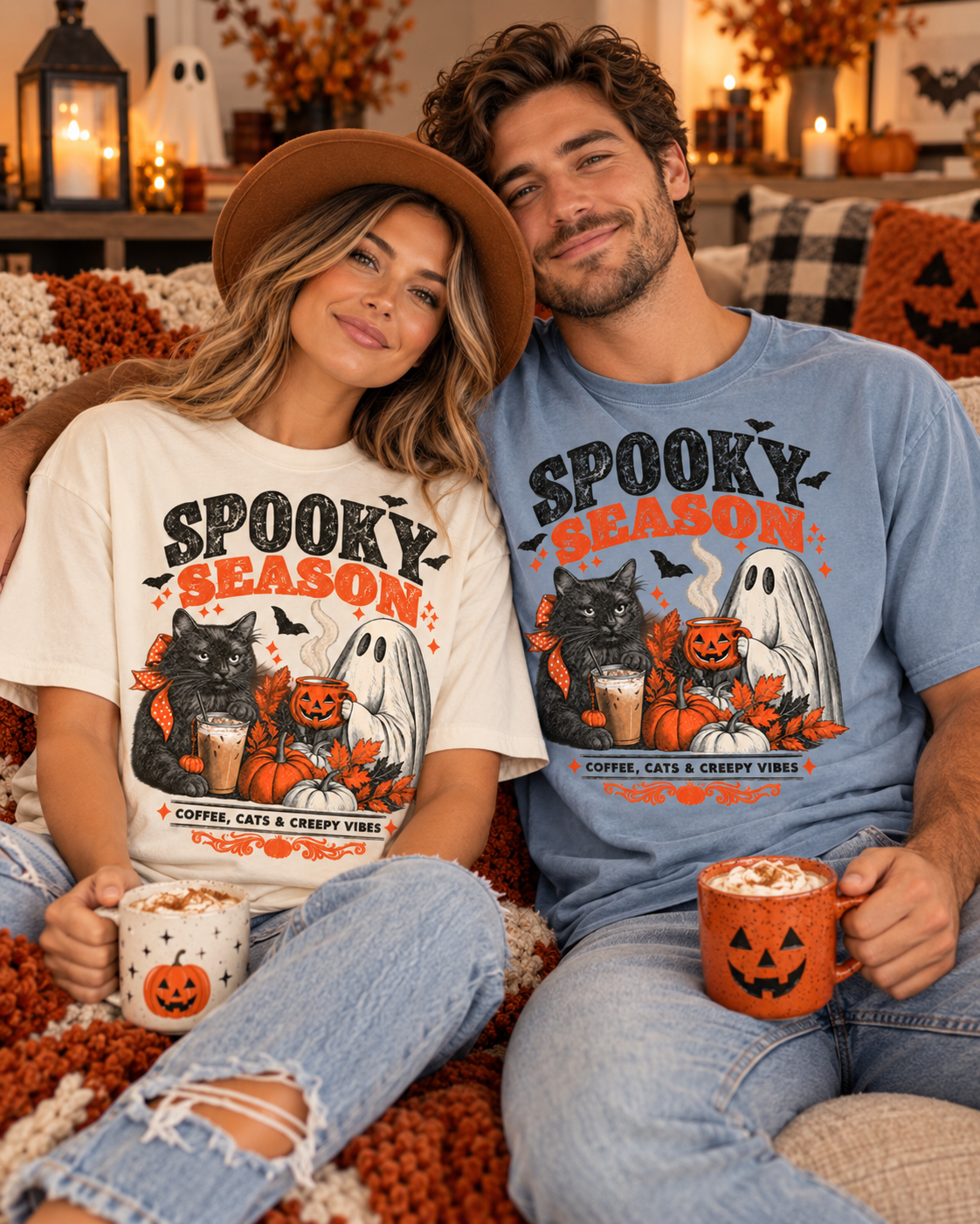 Spooky Season Black Cat & Ghost T-Shirt | Halloween Coffee & Cats Tee