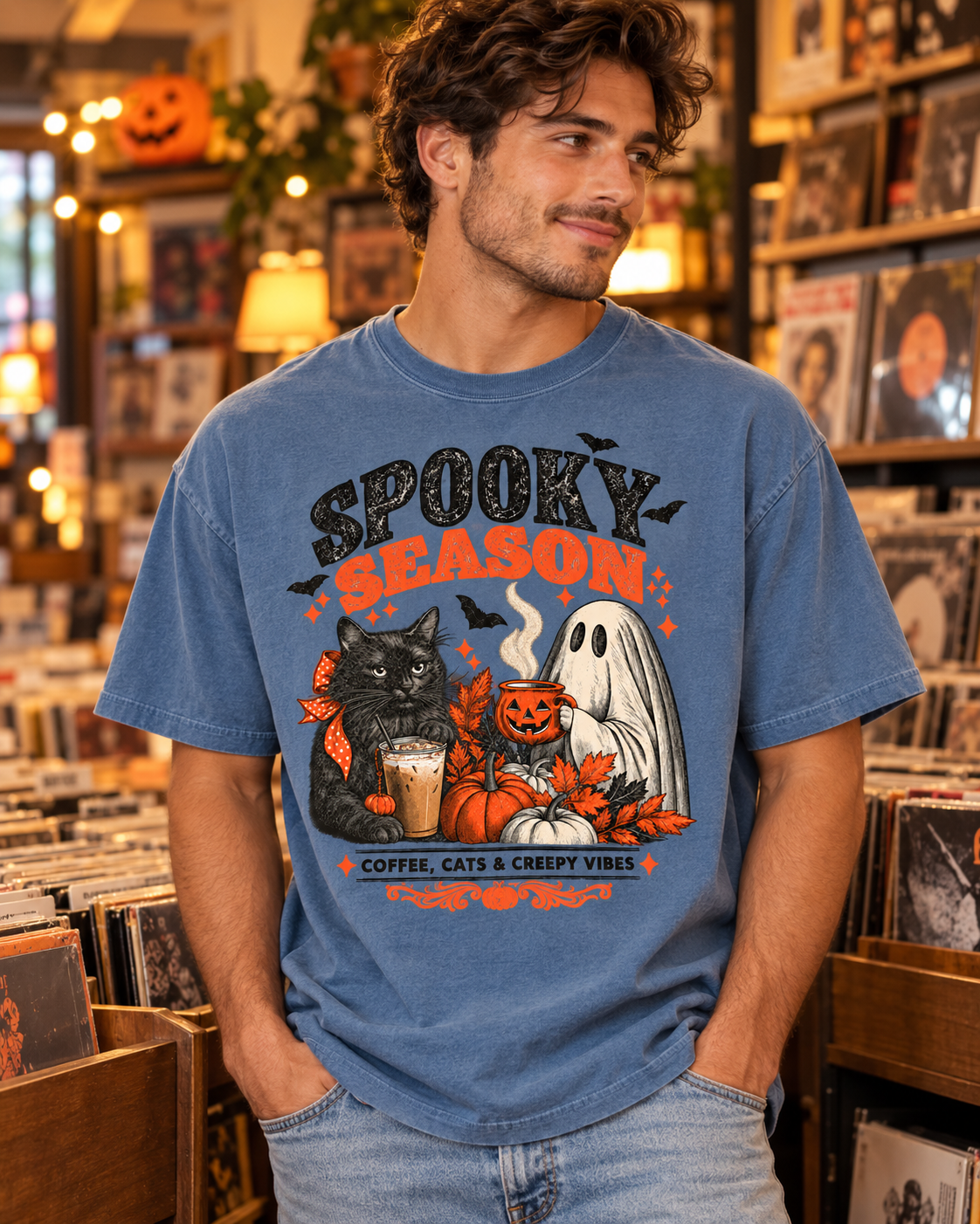 Spooky Season Black Cat & Ghost T-Shirt | Halloween Coffee & Cats Tee