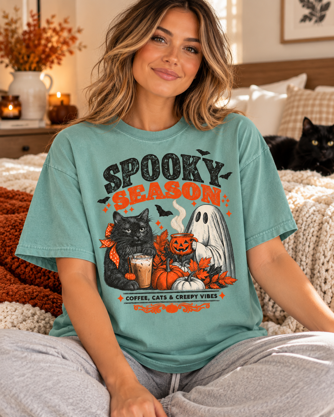 Spooky Season Black Cat & Ghost T-Shirt | Halloween Coffee & Cats Tee
