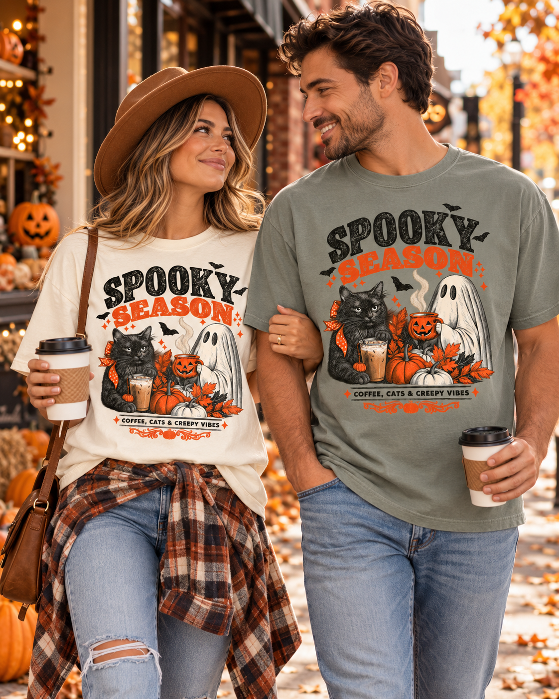 Spooky Season Black Cat & Ghost T-Shirt | Halloween Coffee & Cats Tee