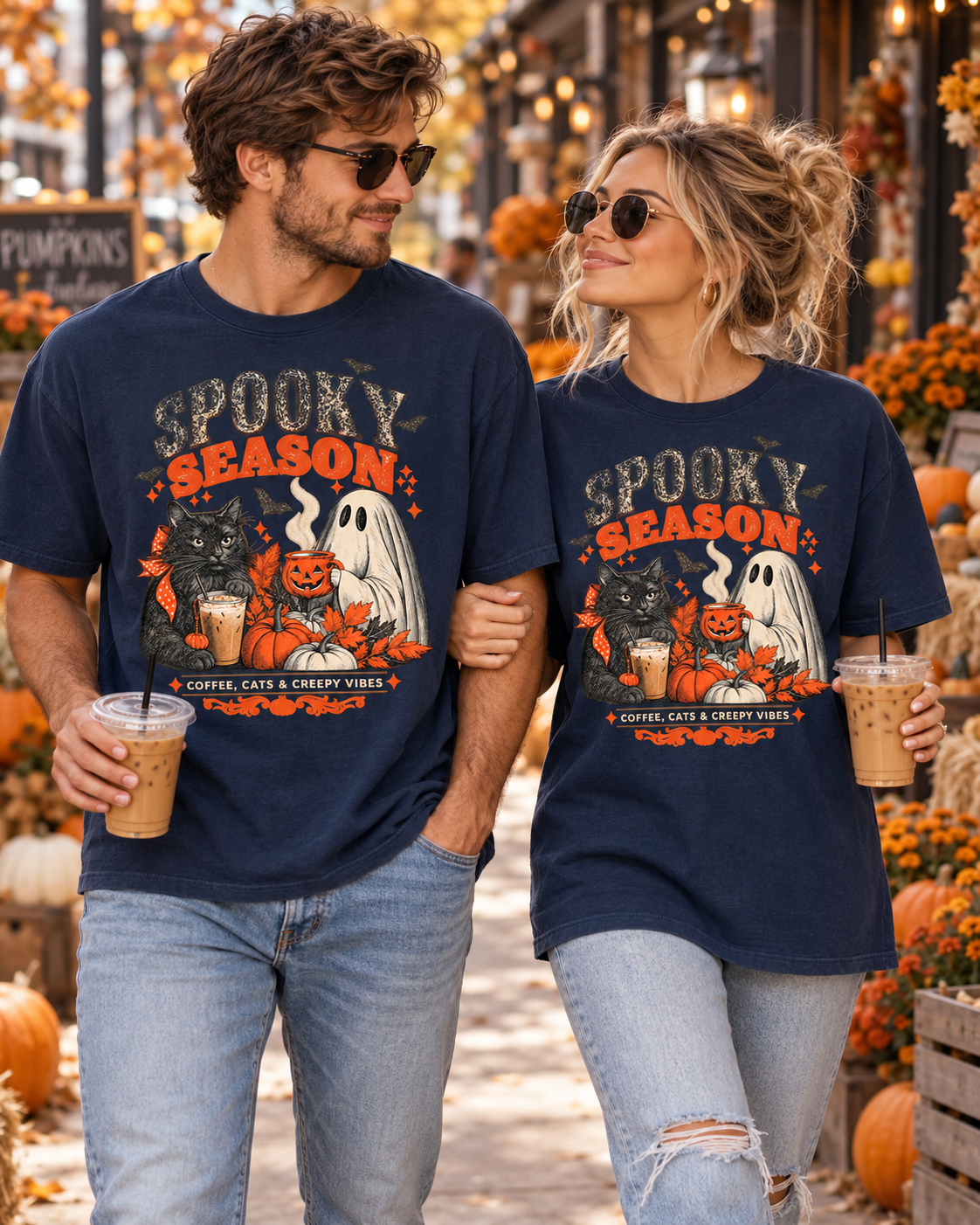 Spooky Season Black Cat & Ghost T-Shirt | Halloween Coffee & Cats Tee