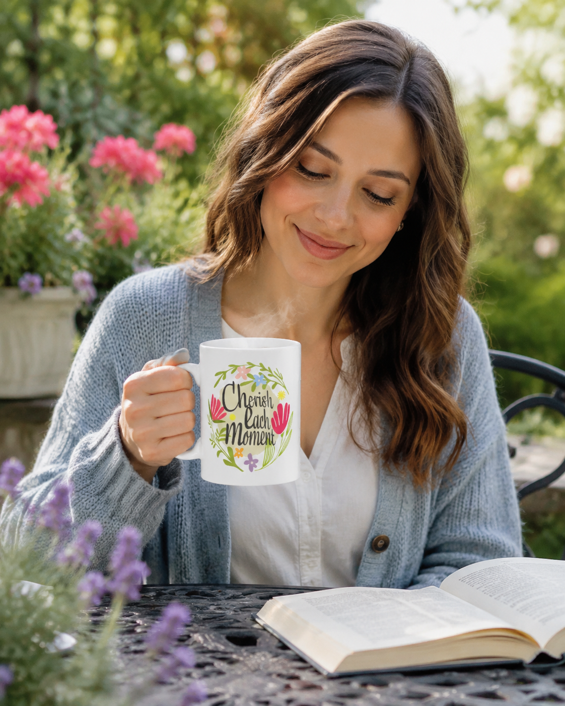 Cherish Each Moment Spring Flowers Hygge Lifestyle Inspirational Quote Coffee Tea Cup Mug