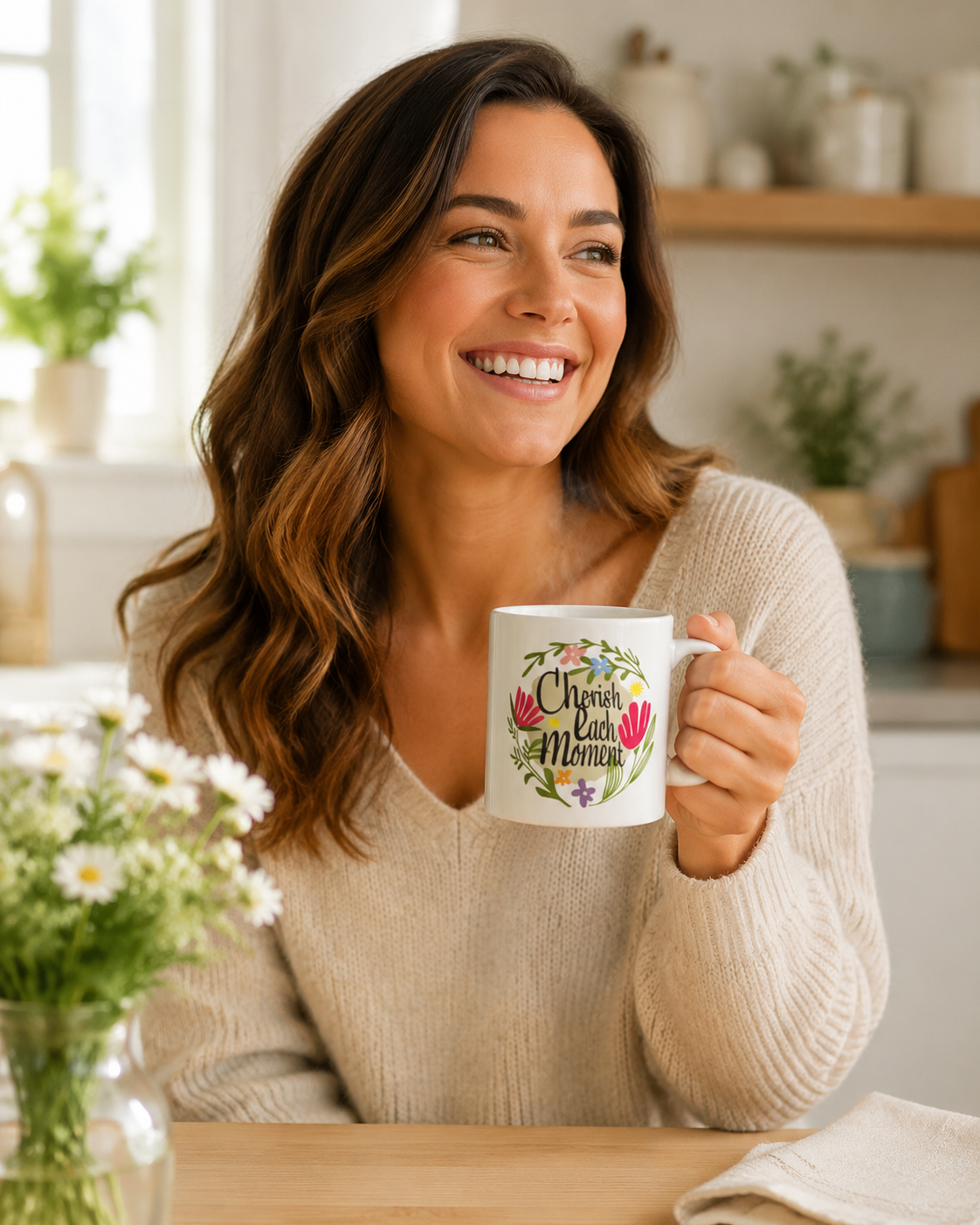 Cherish Each Moment Spring Flowers Hygge Lifestyle Inspirational Quote Coffee Tea Cup Mug