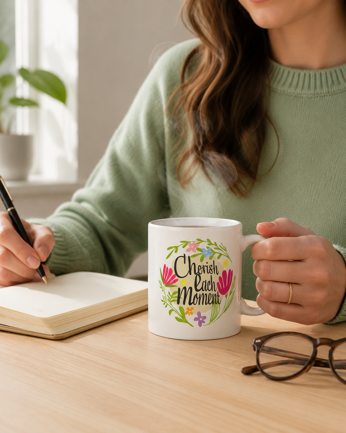 Cherish Each Moment Spring Flowers Hygge Lifestyle Inspirational Quote Coffee Tea Cup Mug