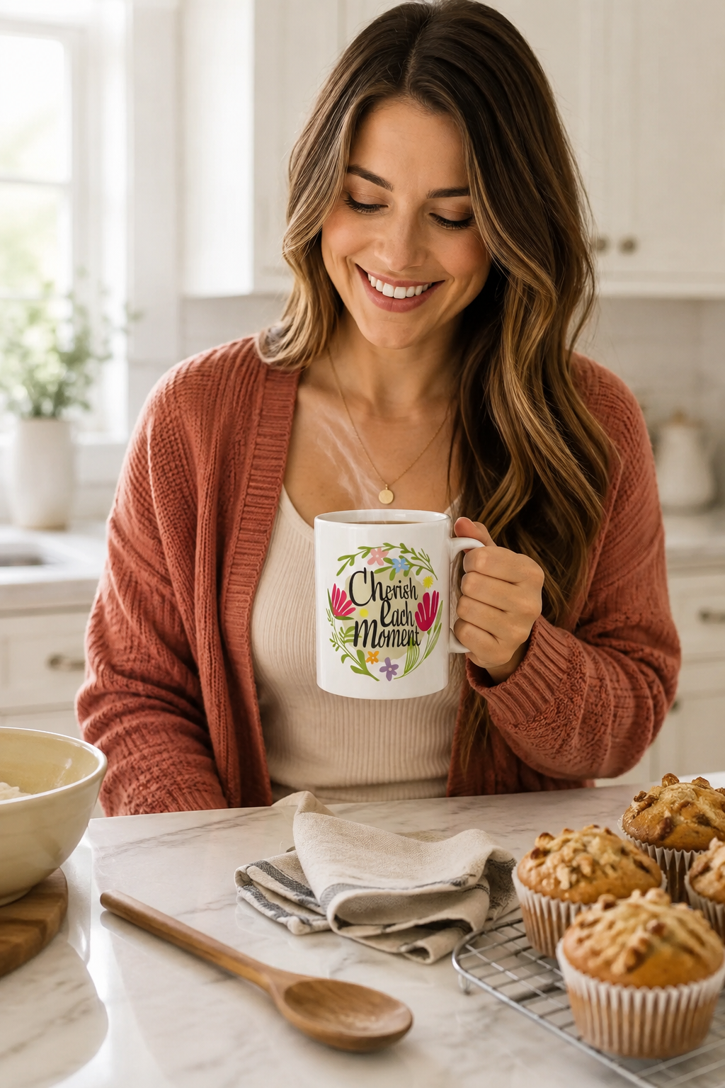 Cherish Each Moment Spring Flowers Hygge Lifestyle Inspirational Quote Coffee Tea Cup Mug