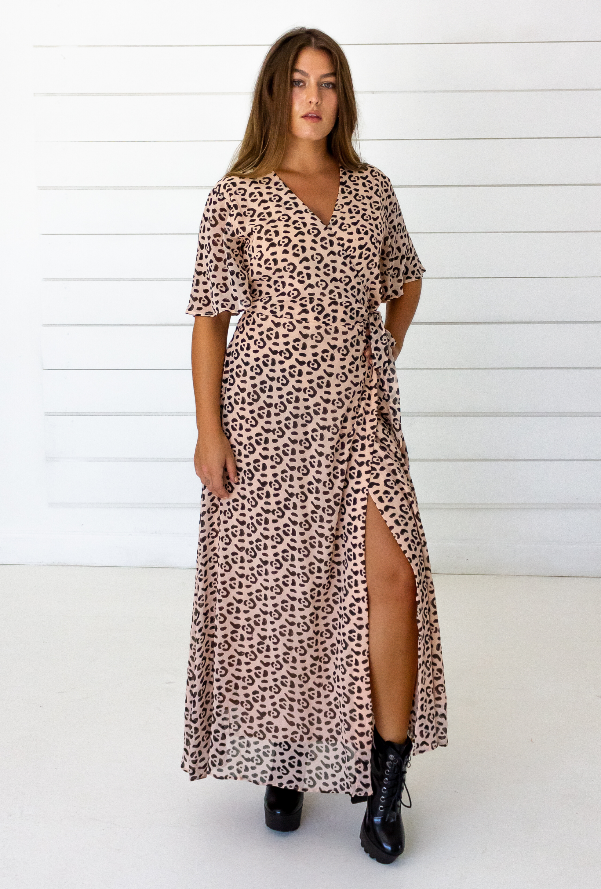 Leopard Maxi Wrap Dress in Blush + Black | Boutique In USA, Dresses, $ 198.00, A Moment Of Now™