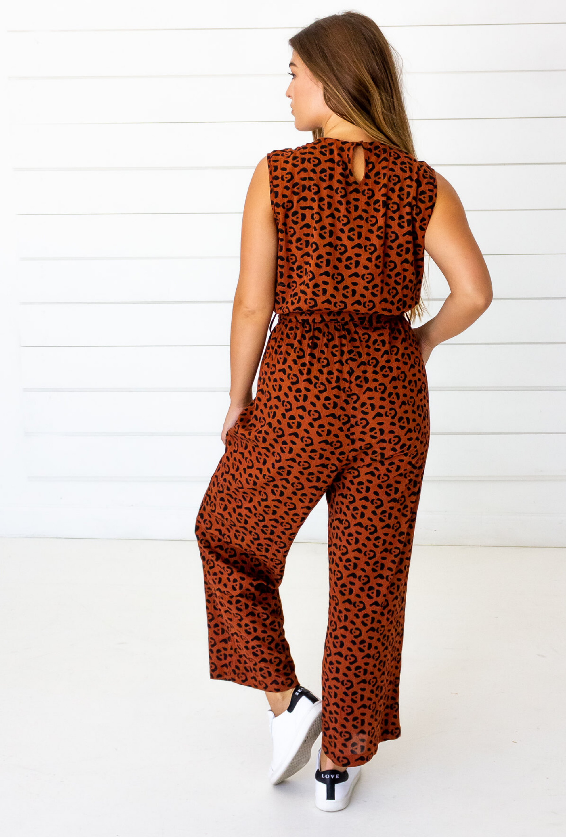 Leopard Sleeveless Jumpsuit in Sienna + Black | Boutique In USA, Jumpsuits, $ 140.00, A Moment Of Now™