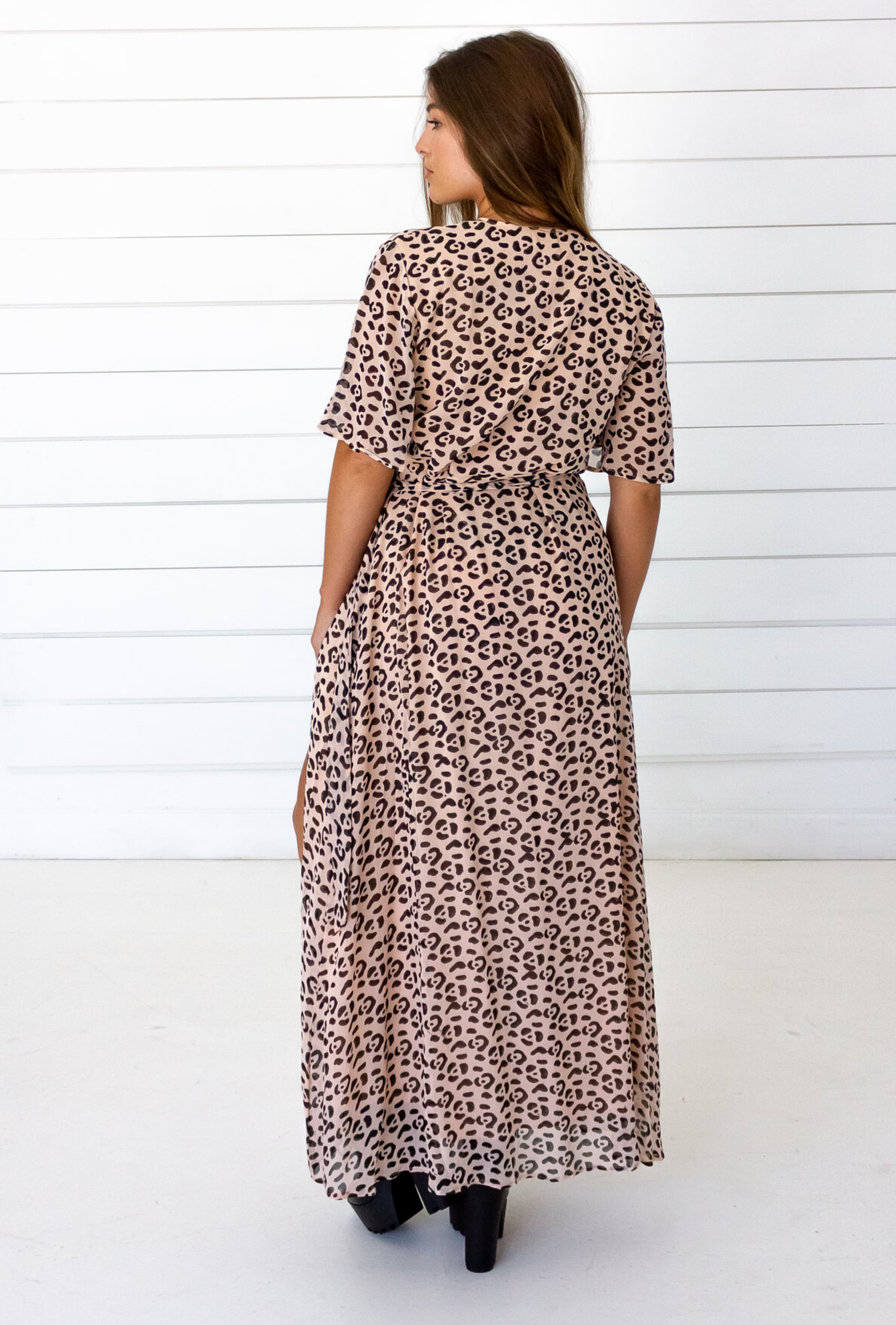 Leopard Maxi Wrap Dress in Blush + Black | Boutique In USA, Dresses, $ 198.00, A Moment Of Now™