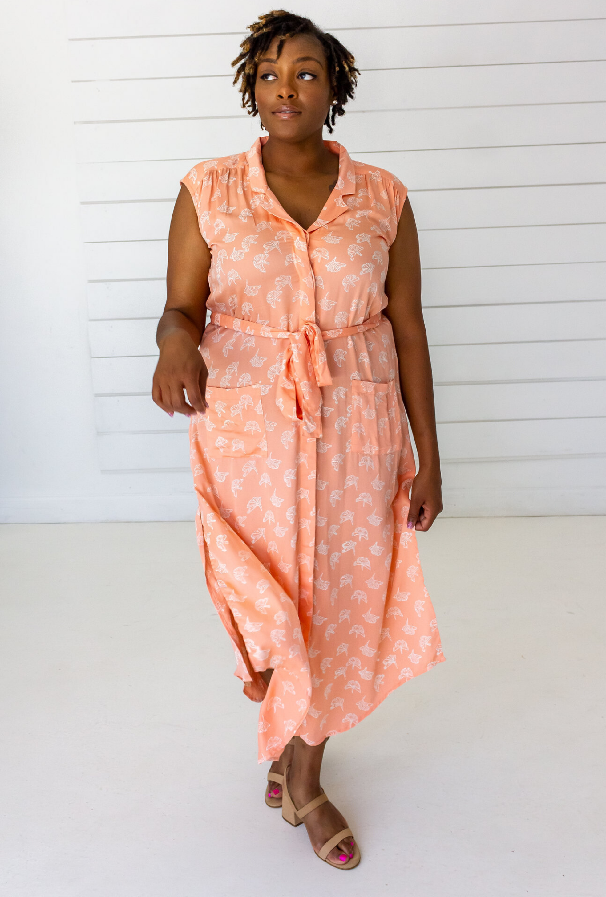 Ginkgo Leaf Shirtdress in Peach + Cream | Boutique In USA, Dresses, $ 140.00, A Moment Of Now™