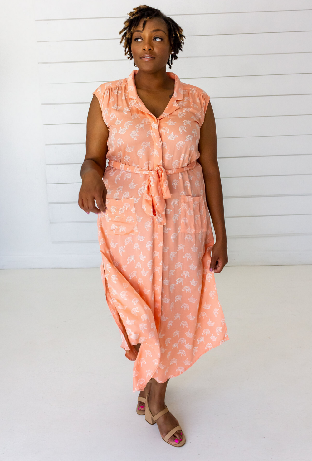 Ginkgo Leaf Shirtdress in Peach + Cream | Boutique In USA, Dresses, $ 140.00, A Moment Of Now™