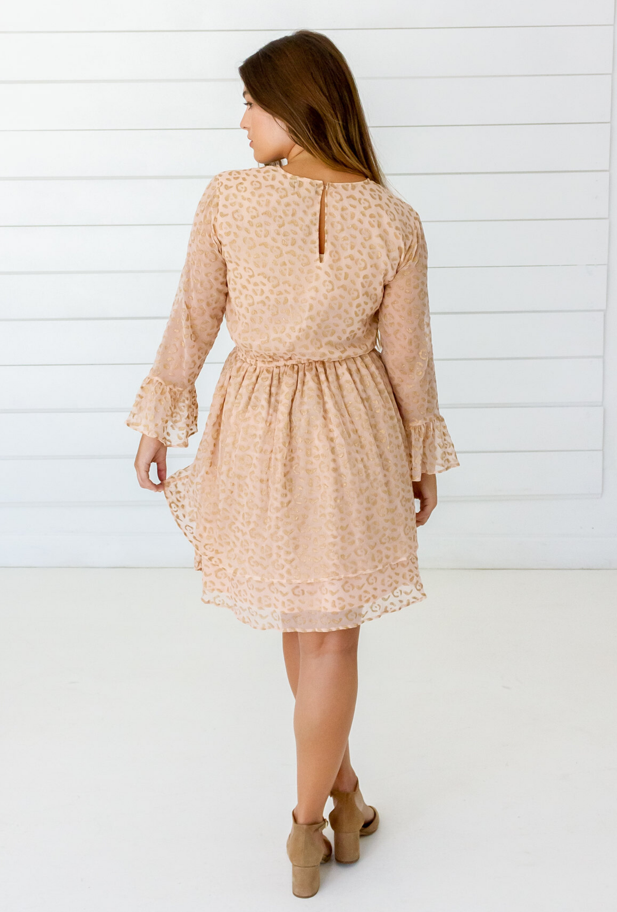 Leopard Chiffon Dress in Blush + Gold | Boutique In USA, Dresses, $ 180.00, A Moment Of Now™